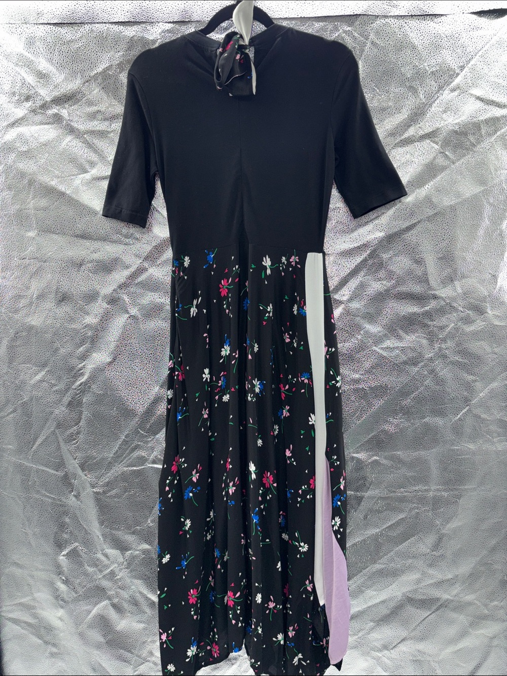 Maje Black Top with Pink and Blue Floral Neck Scarf Detail - Picture 6 of 8